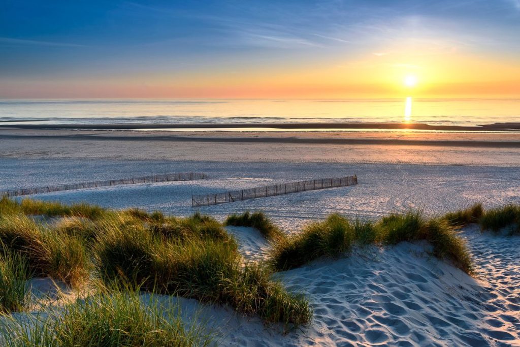 Le soleil se couche sur une plage de sable avec de l'herbe et des dunes de sable.