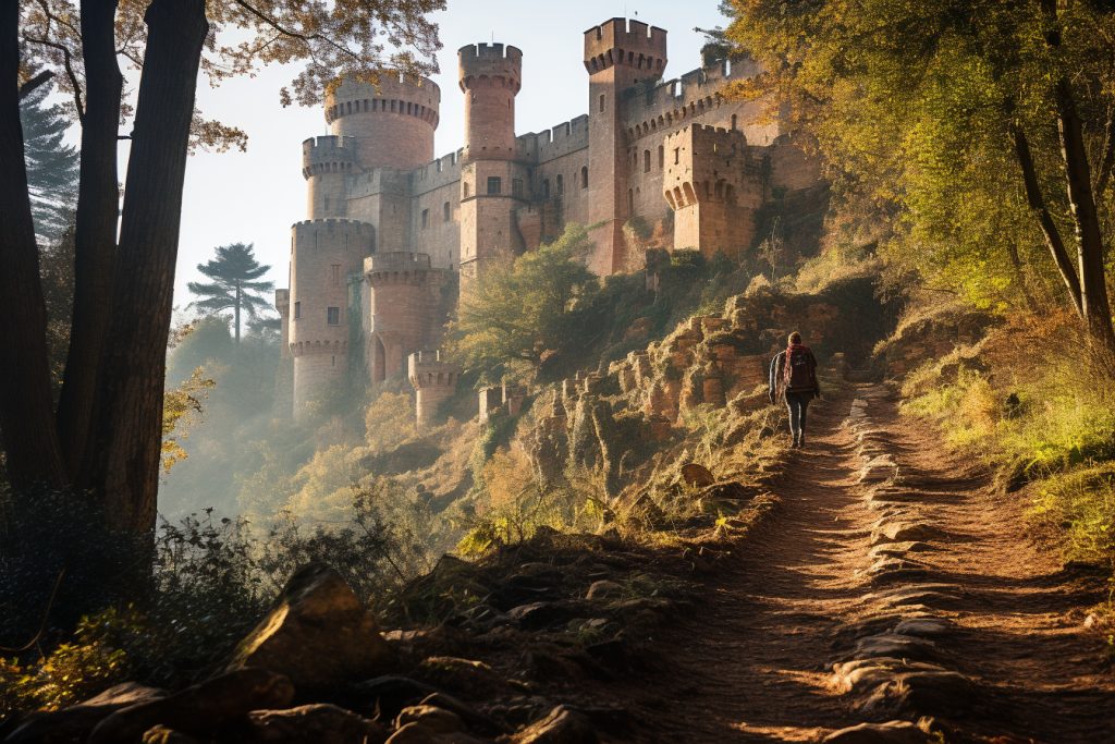 Une personne marchant dans un chemin près d’un château.