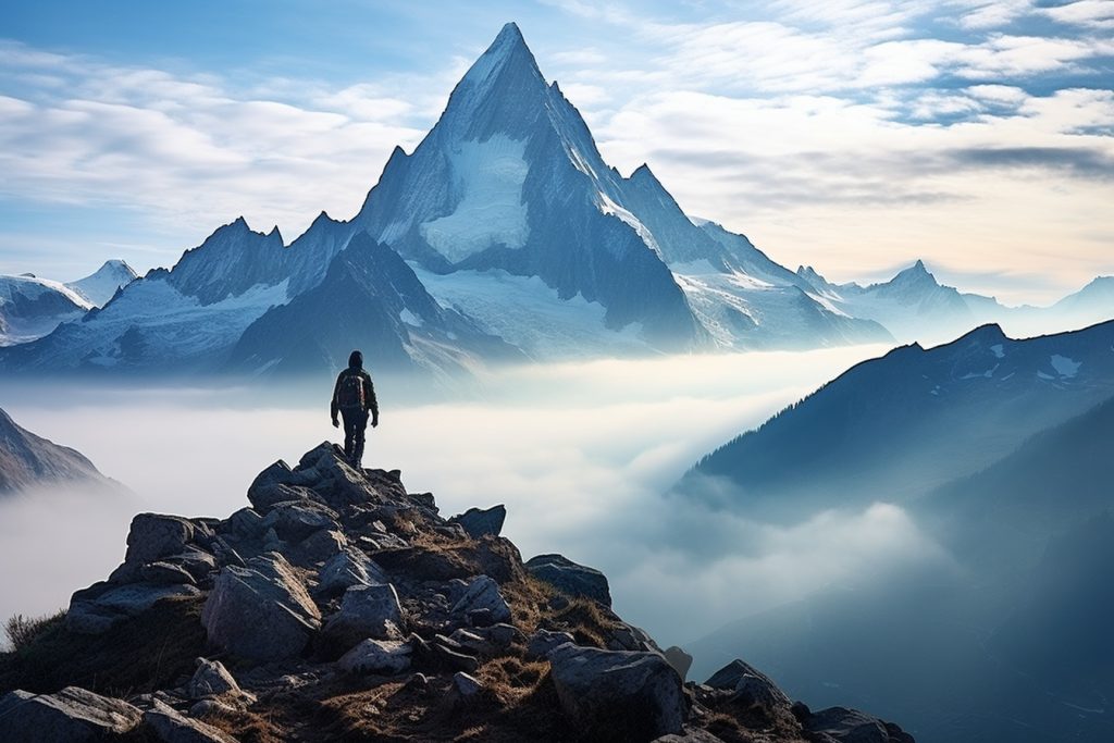 Un homme debout au sommet d’une montagne avec des montagnes en arrière-plan.
