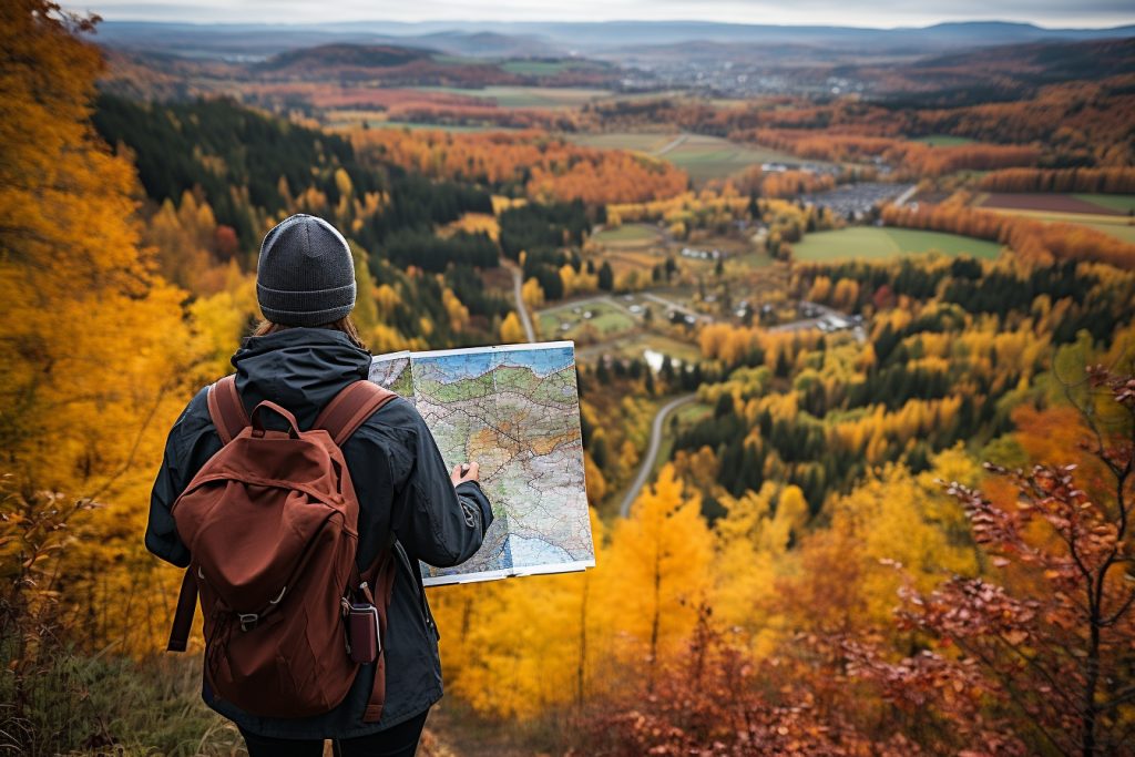 Un homme avec un sac à dos regardant une carte en automne.