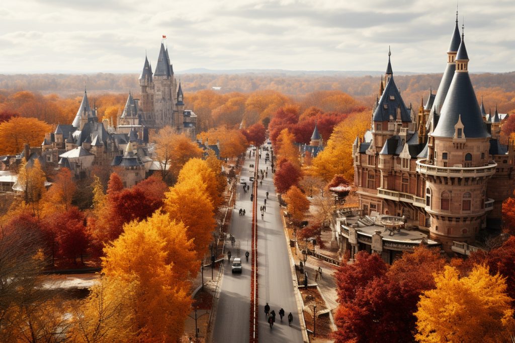 Une vue aérienne d'un château en automne.