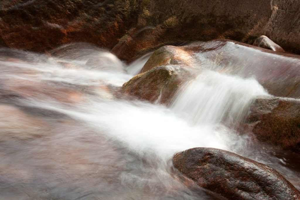 Un courant d'eau qui coule sur des rochers dans une zone boisée.
