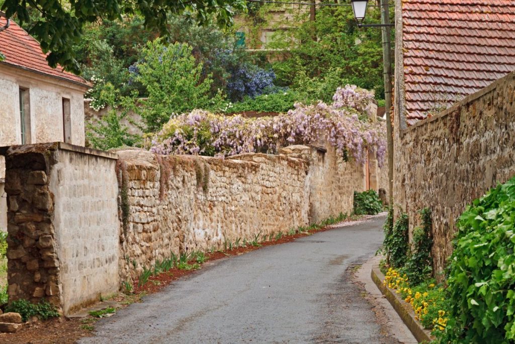 Une rue bordée de murs en pierre et de fleurs.