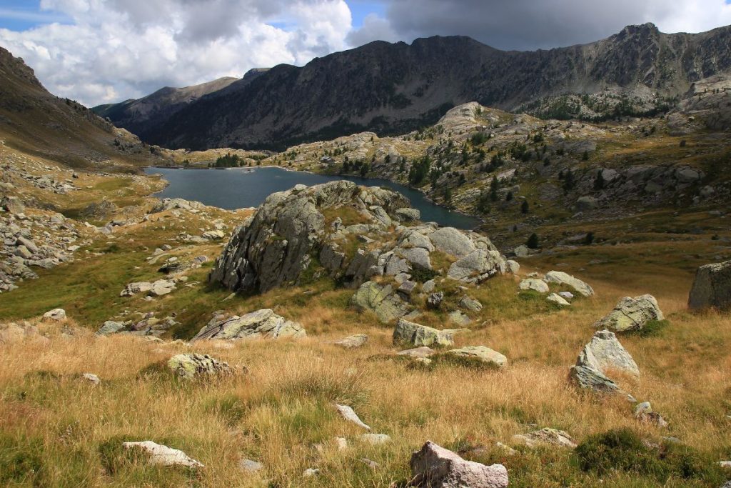 Un lac dans les montagnes avec de l'herbe et des rochers.