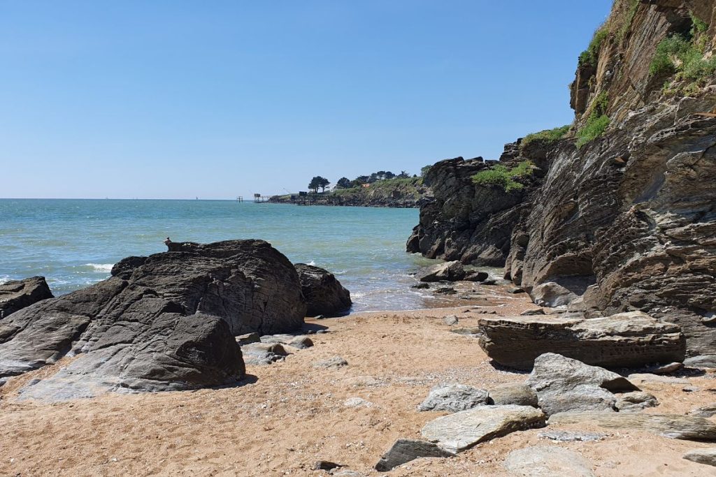 Une plage avec des rochers et de l'eau par une journée ensoleillée.