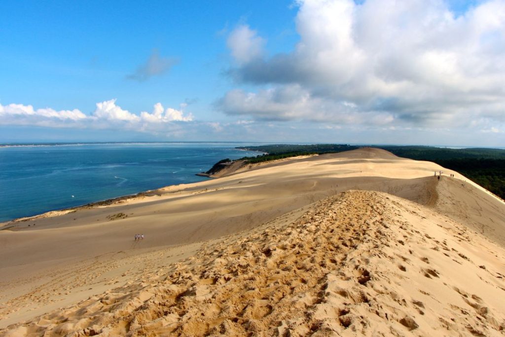 Une dune de sable avec l'océan en arrière-plan.