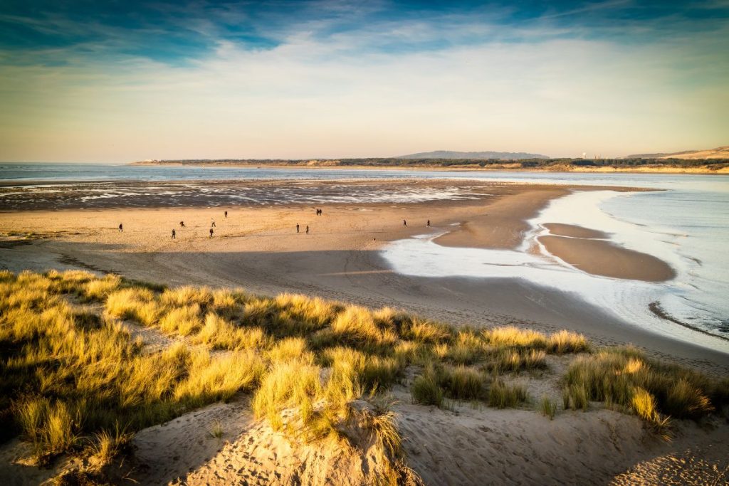 Une plage avec des dunes de sable et de l'eau en arrière-plan.