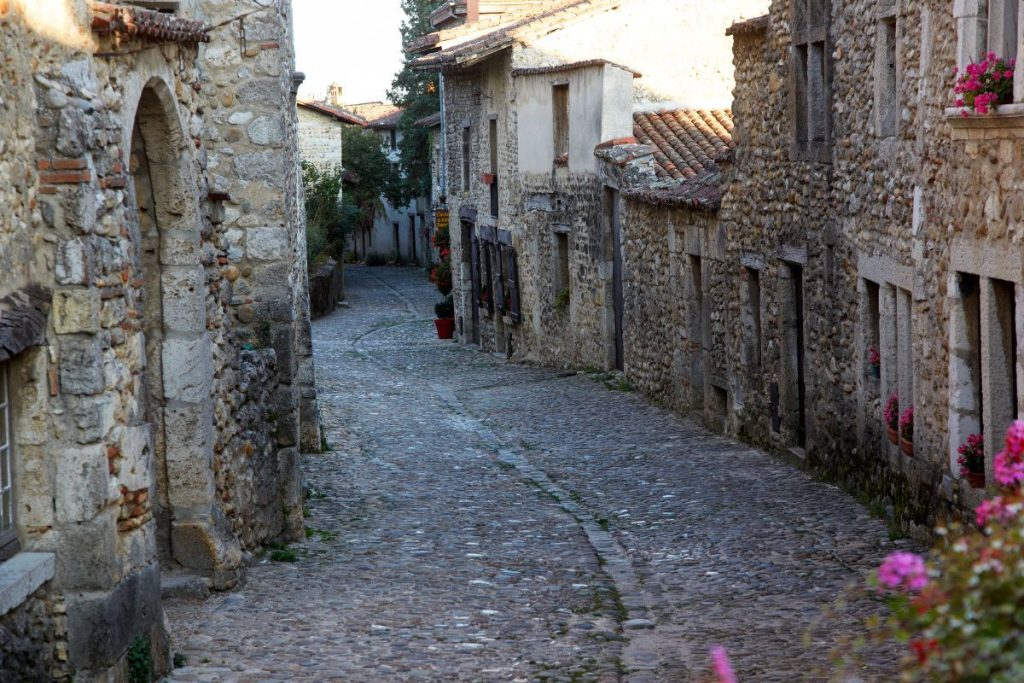 Une ruelle en pierre avec des bâtiments et des arbres.