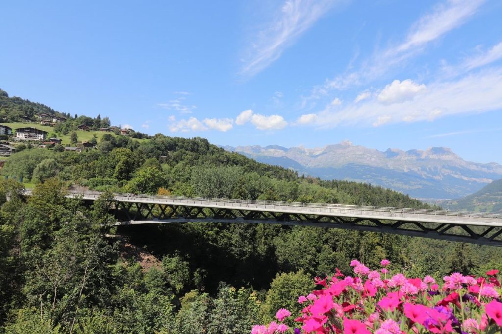 Un pont au-dessus d'une vallée avec des arbres et des fleurs.