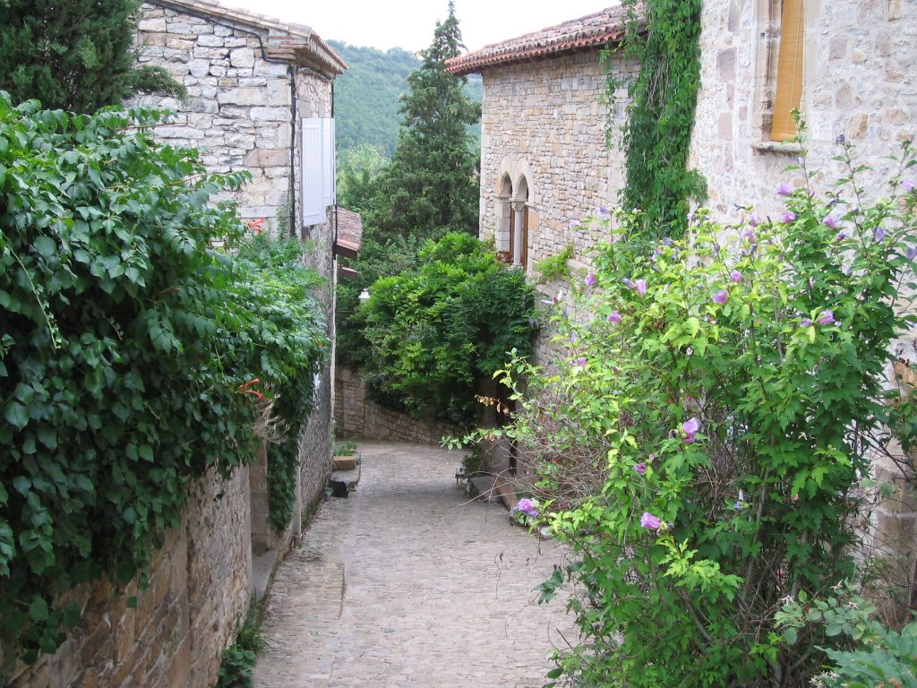 Sentier pavé étroit flanqué de bâtiments traditionnels en pierre et d'un feuillage vert luxuriant dans un village pittoresque.