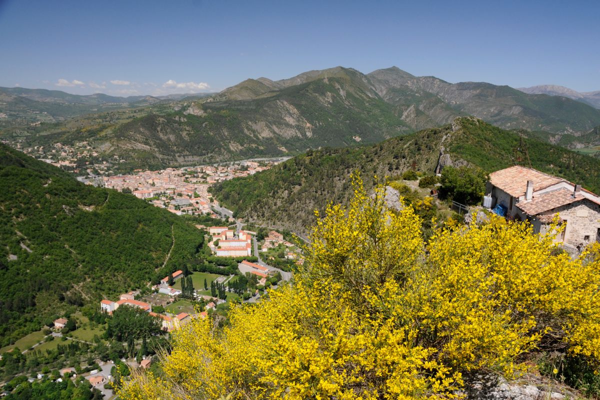 Vue aérienne d'une ville pittoresque nichée dans une vallée luxuriante entourée de montagnes verdoyantes, avec des fleurs jaune vif au premier plan.