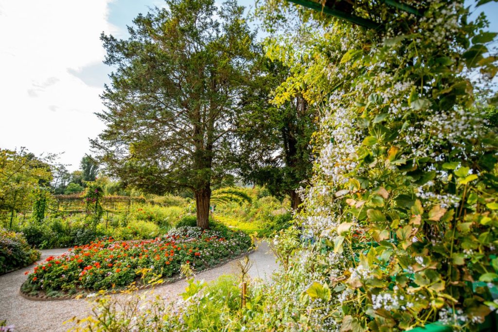 Jardin animé avec parterres de fleurs, arbres luxuriants et chemin sinueux, sous un ciel lumineux.