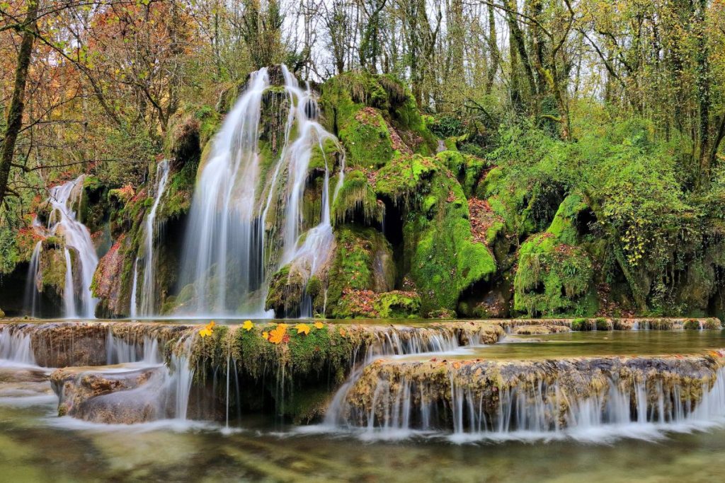 Une cascade sereine coule sur des rochers luxuriants couverts de mousse, entourés de feuillage d'automne dans une forêt.