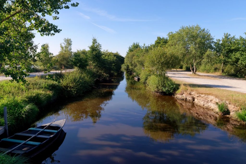 Un paysage serein avec une rivière calme avec un petit bateau en bois amarré sur la rive gauche, entouré d'arbres verts luxuriants sous un ciel bleu clair.