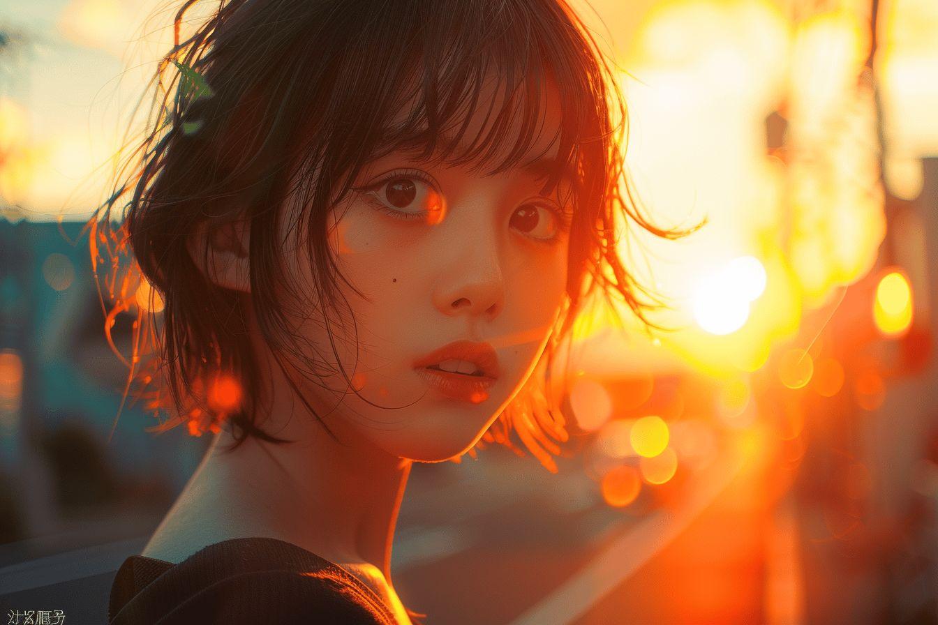 Une jeune femme aux cheveux noirs sous une lumière chaude et dorée