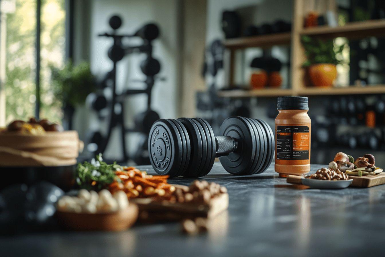 Haltères, noix, supplément nutritif sur table de cuisine