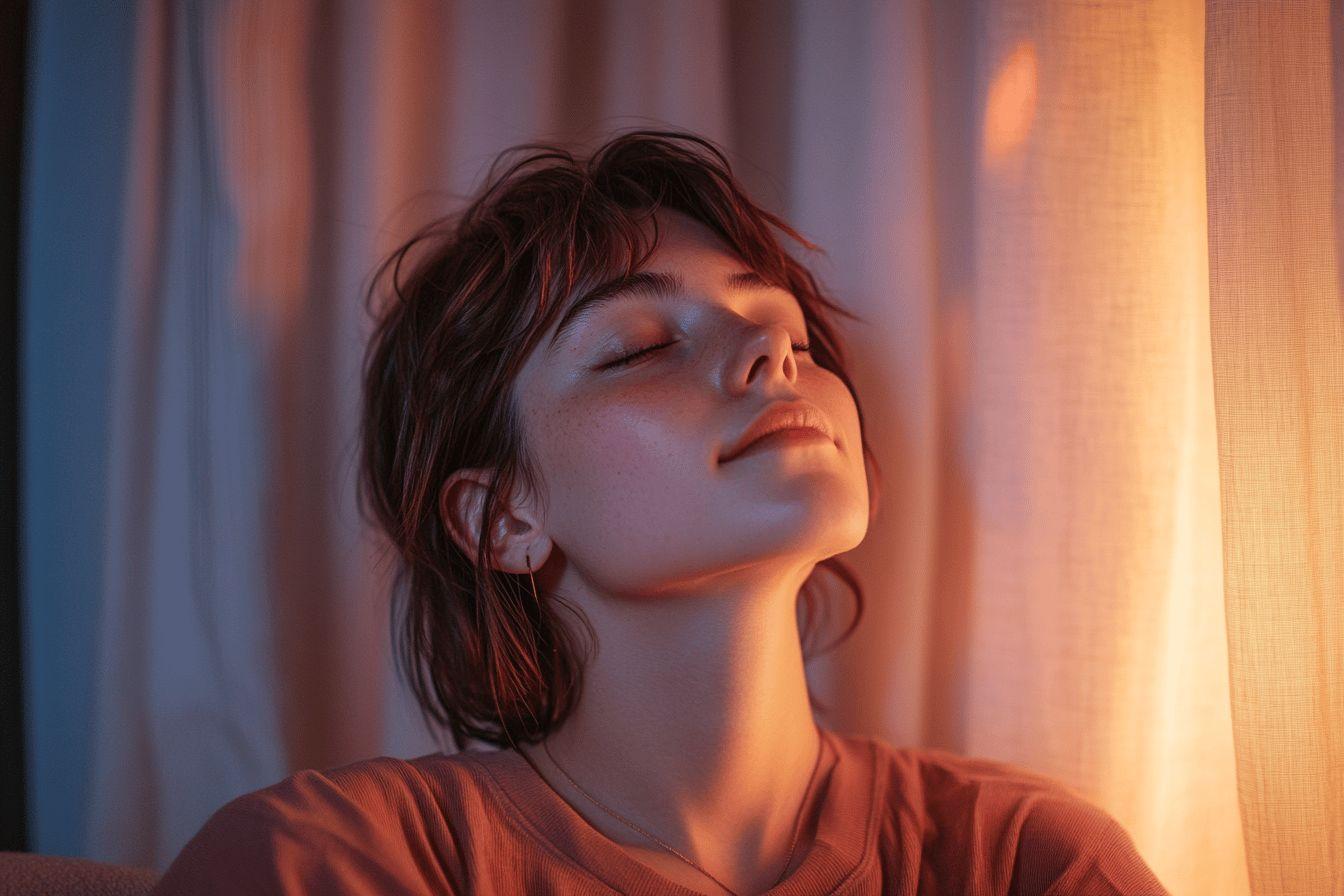 Jeune personne aux yeux fermés, baignée de lumière douce