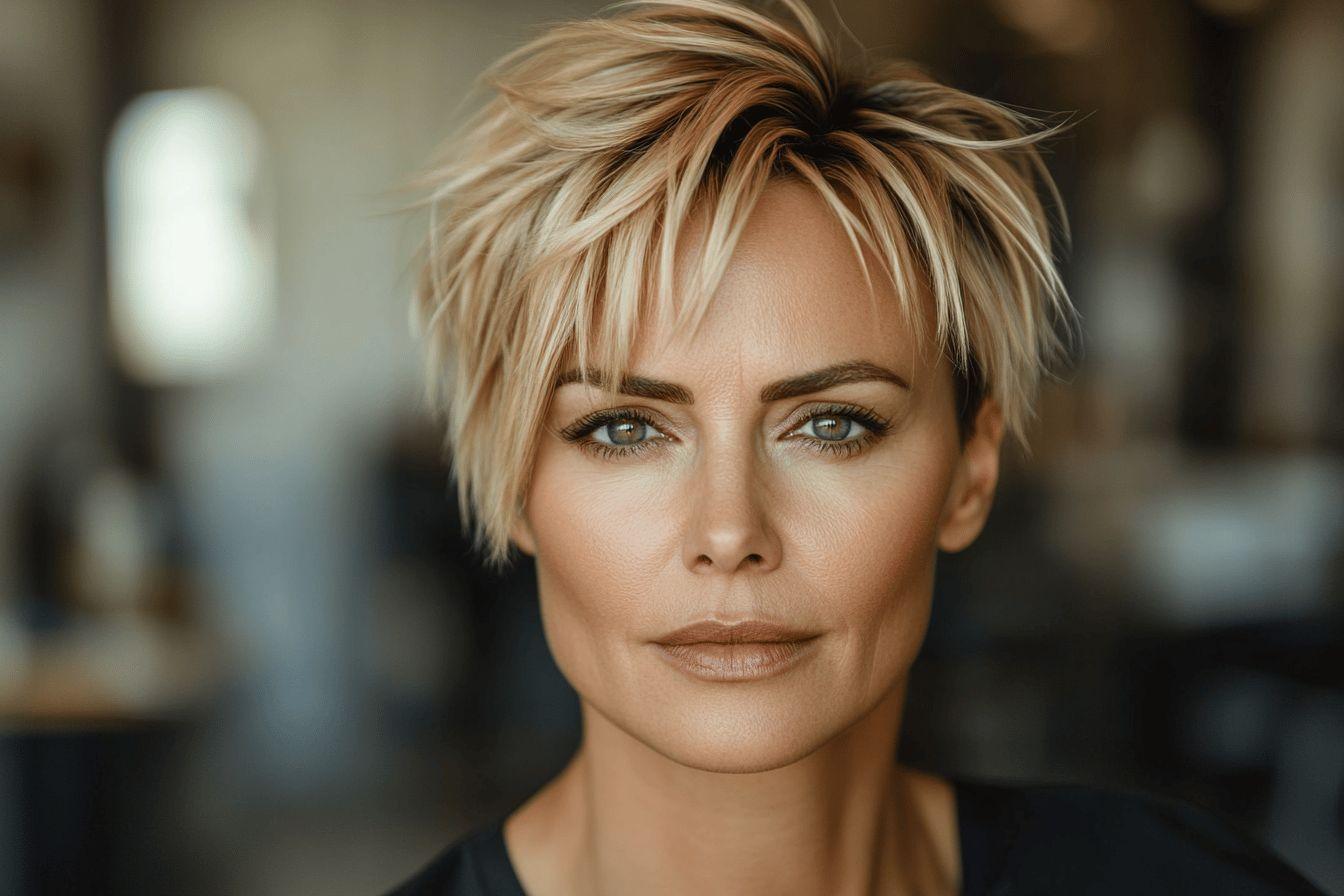 Portrait gros plan d'une femme aux cheveux blonds courts