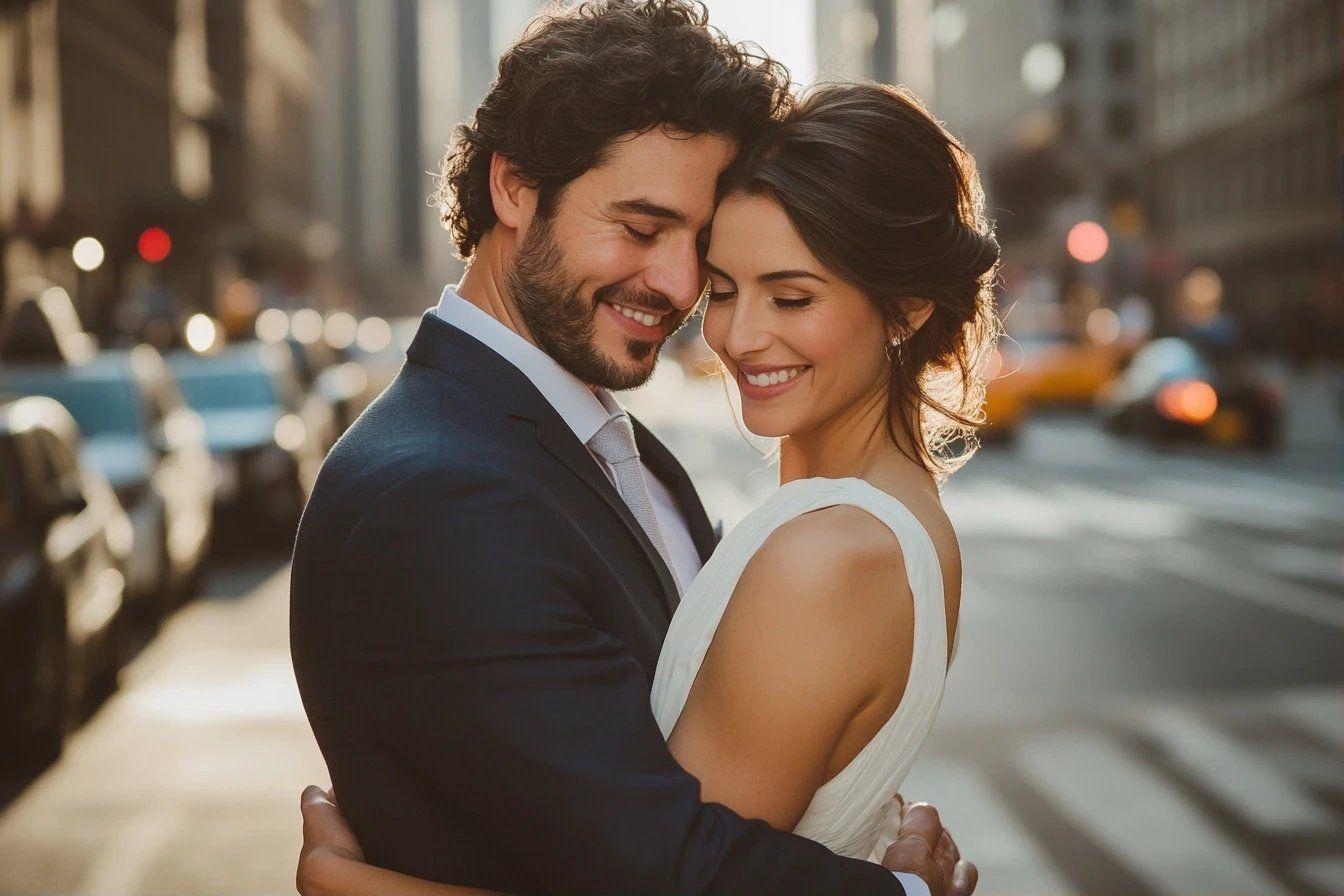 Couple amoureux enlacé dans une rue urbaine au coucher du soleil