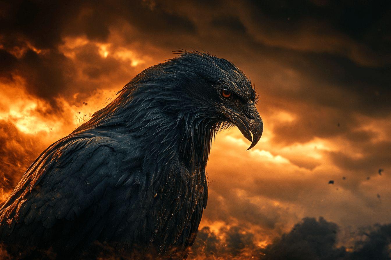Oiseau noir avec un regard perçant sur fond de ciel enflammé