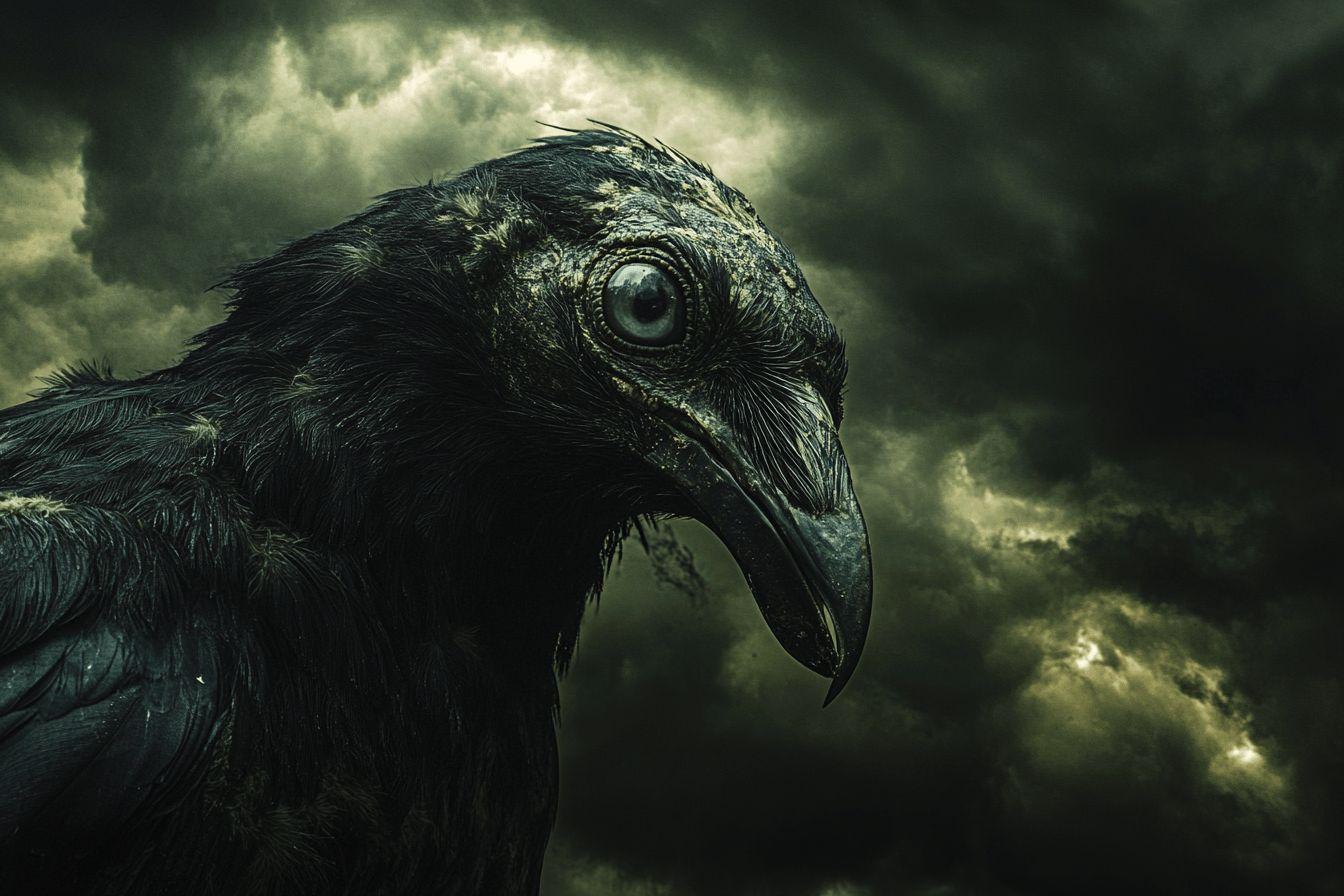 Gros plan d'un corbeau noir avec un ciel nuageux dramatique