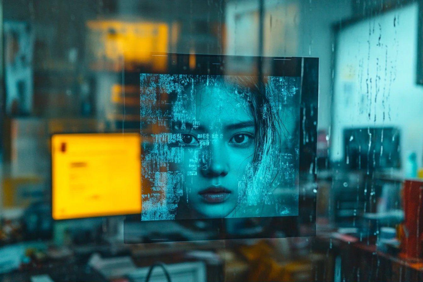 Visage filtré dans un environnement urbain et technologique
