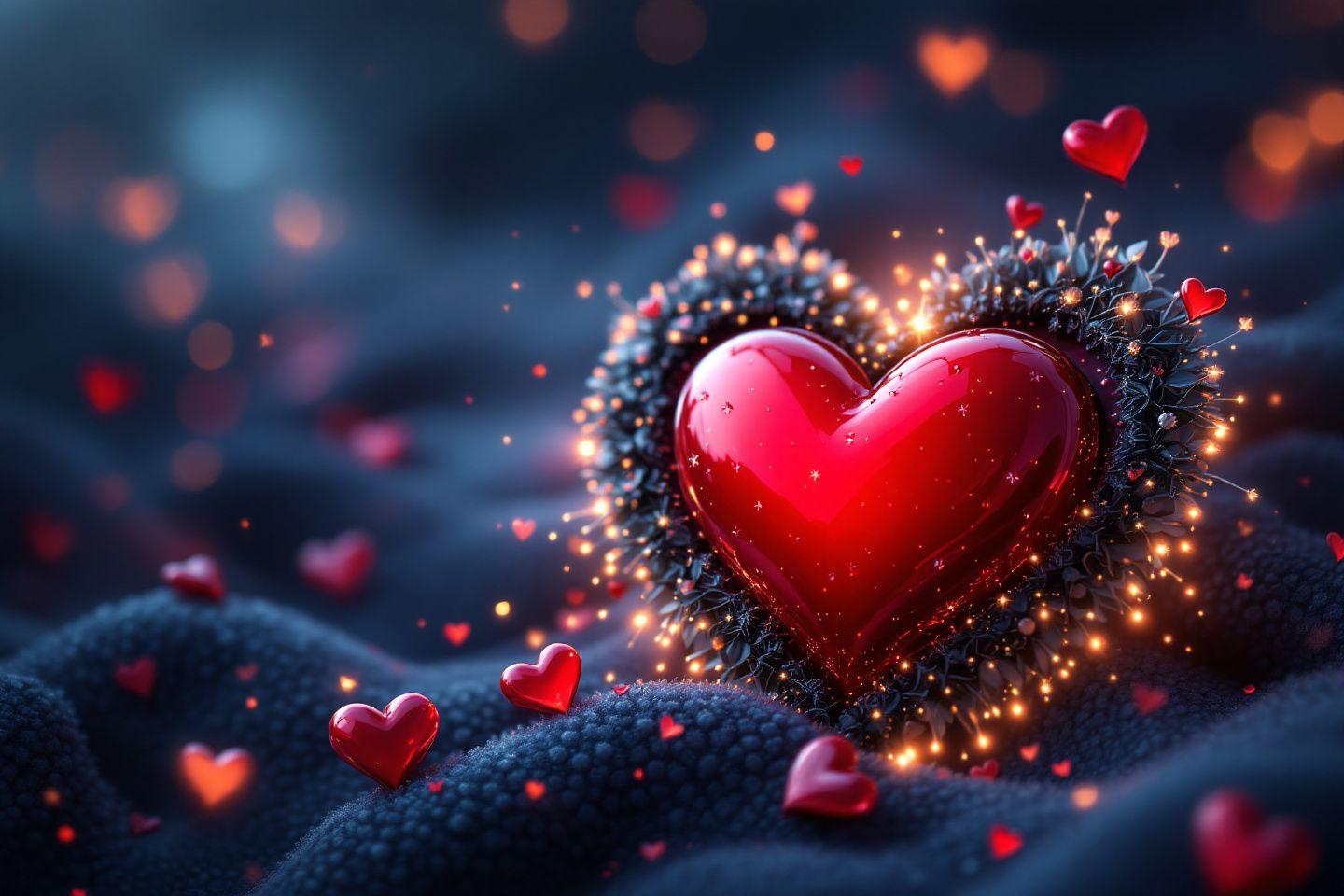 Cœur rouge brillant entouré d'étincelles et de petits cœurs