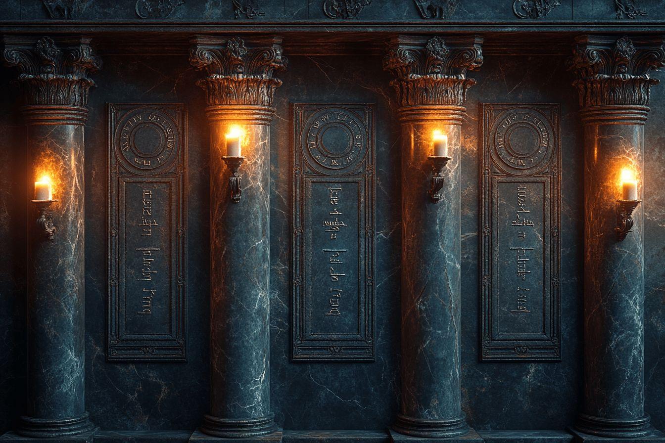 Colonnes de marbre bleu avec panneaux gravés et bougies ardentes