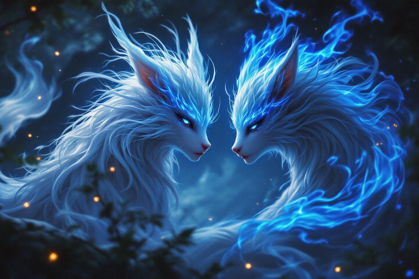 Créatures mystiques de glace lumineuse face à face dans la nuit