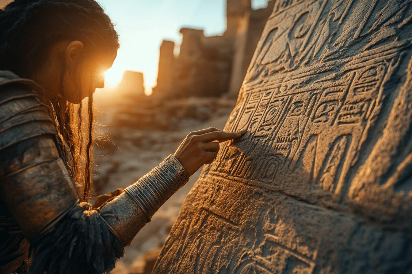 Doigt touchant des hiéroglyphes gravés dans la pierre au coucher du soleil
