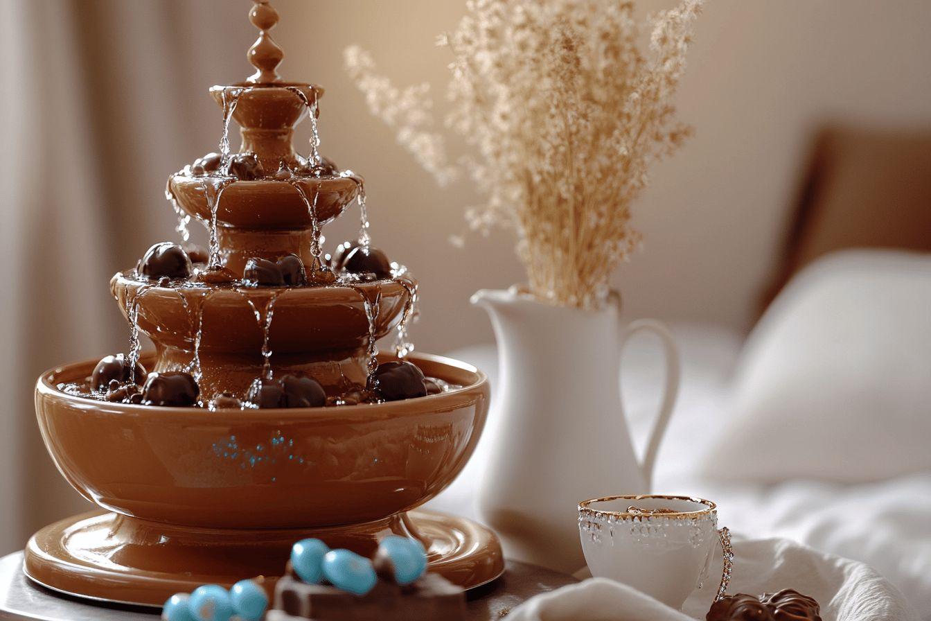 Fontaine à chocolat brune avec boules et cascade de chocolat