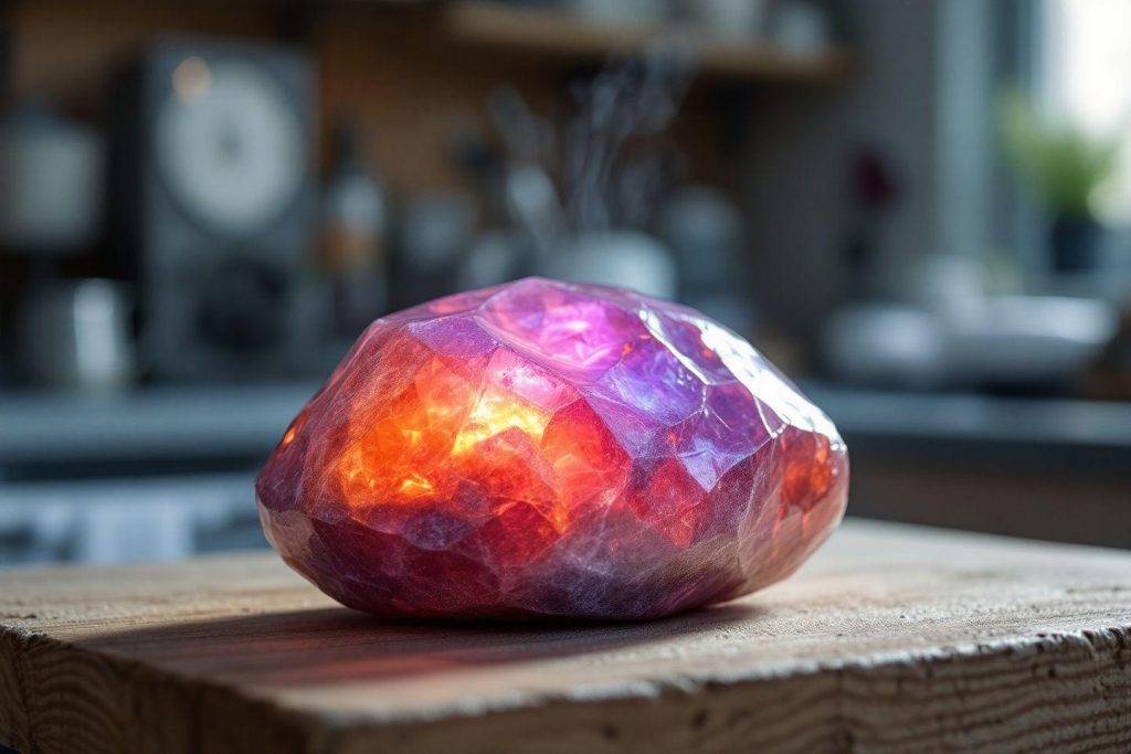 Gemme polie brillante aux teintes rouges et violettes
