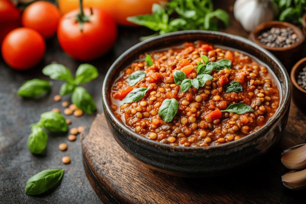 Bol de lentilles mijotées avec tomates et basilic frais