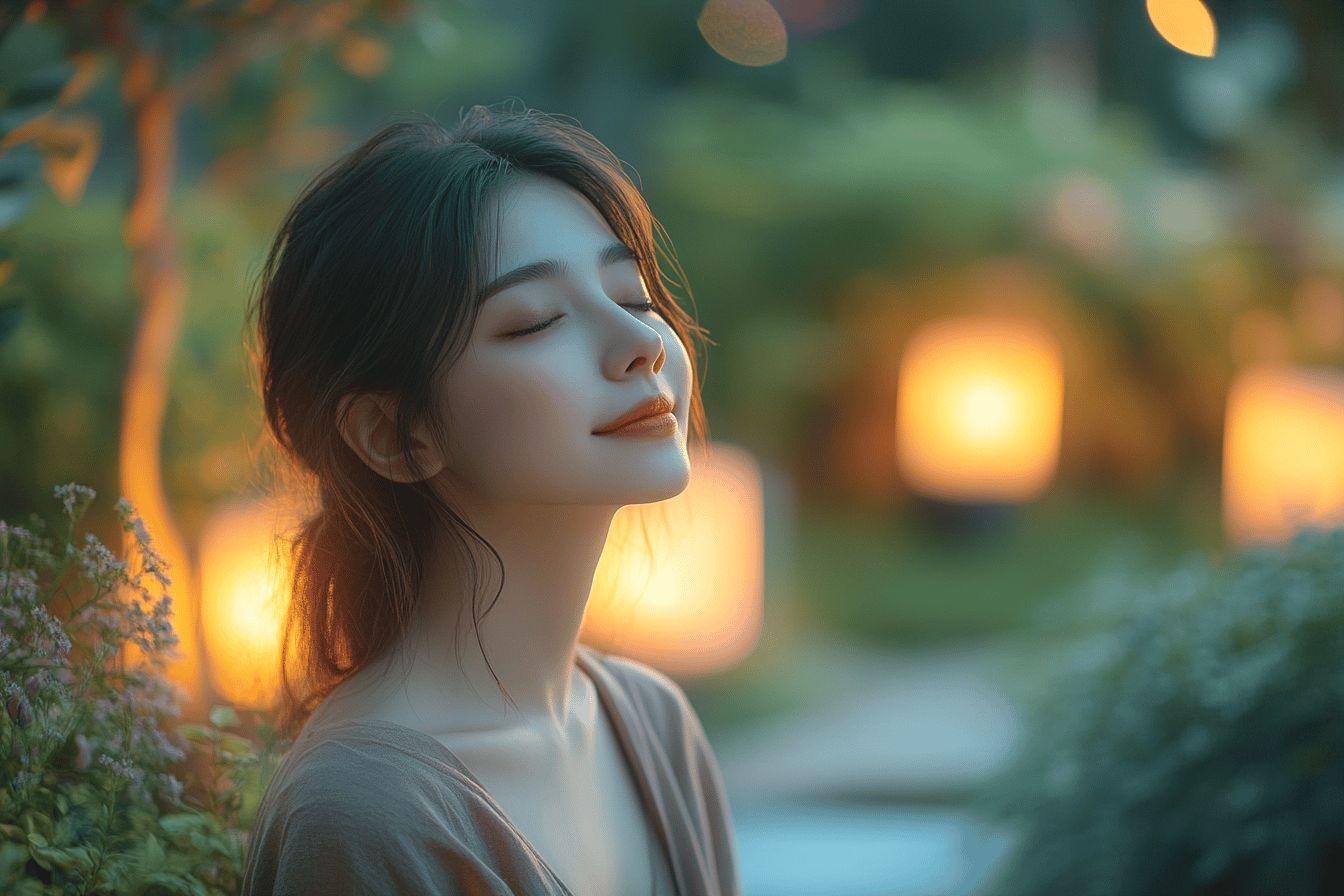 Femme paisible dans un jardin illuminé par des lumières douces