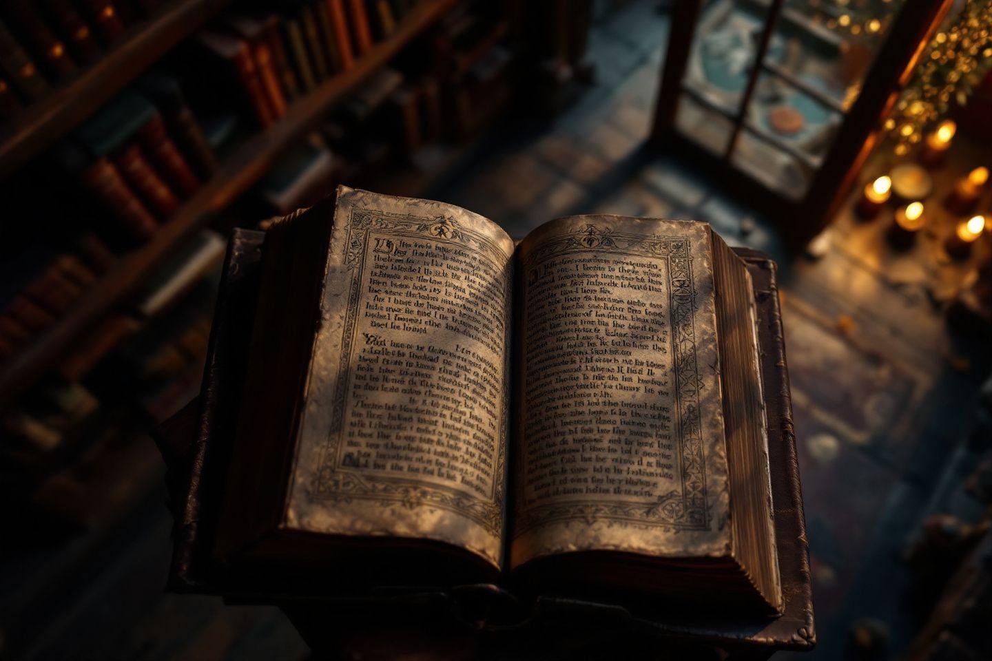 Livre religieux antique ouvert, pages usées, ambiance mystérieuse