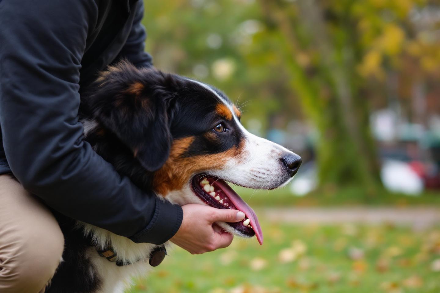 Chien bernois heureux, langue pendante, tenu par une main