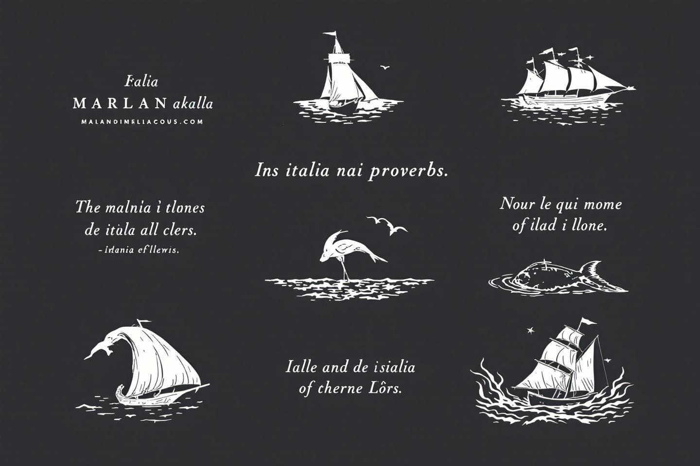 Six illustrations marines en noir et blanc avec des navires et textes