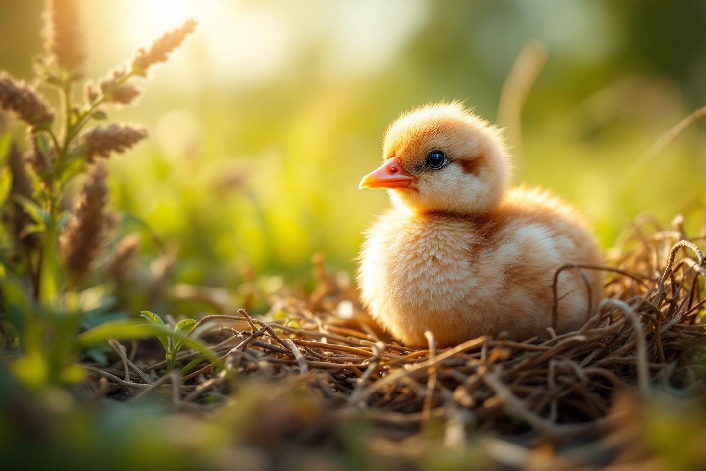 Jeune poussin pelucheux dans un nid de branches ensoleillé