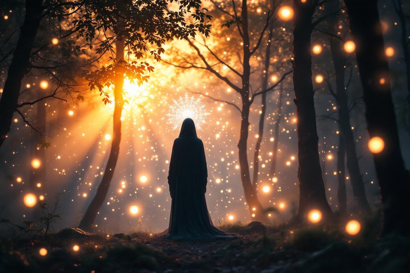 Figure encapuchonnée dans une forêt magique illuminée de lumières dorées