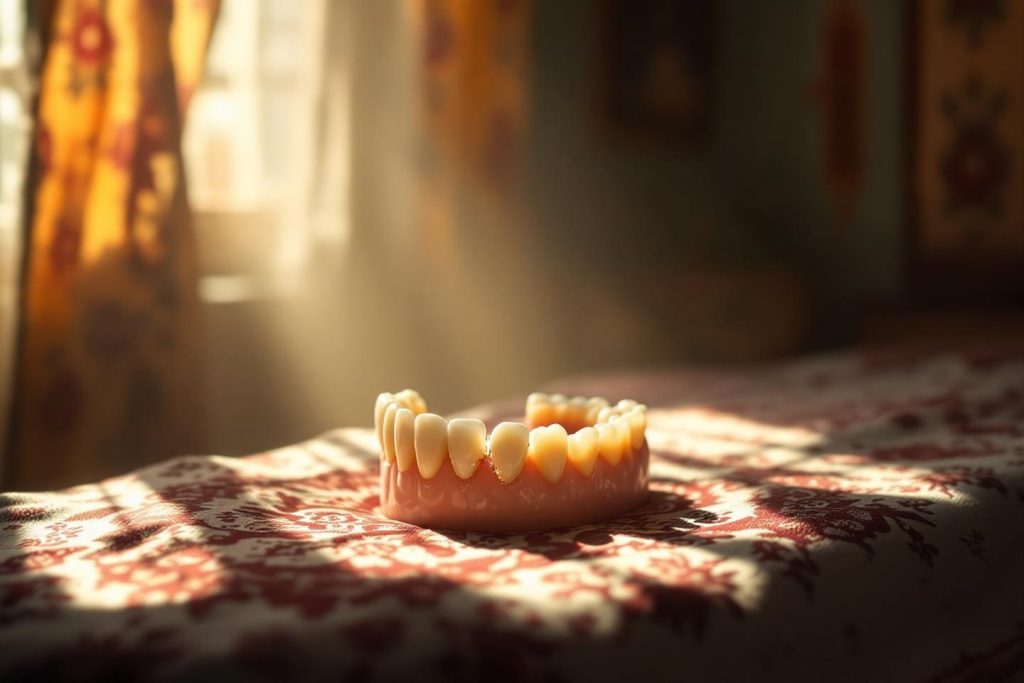 Dentier posé sur un tissu décoré, lumière chaleureuse