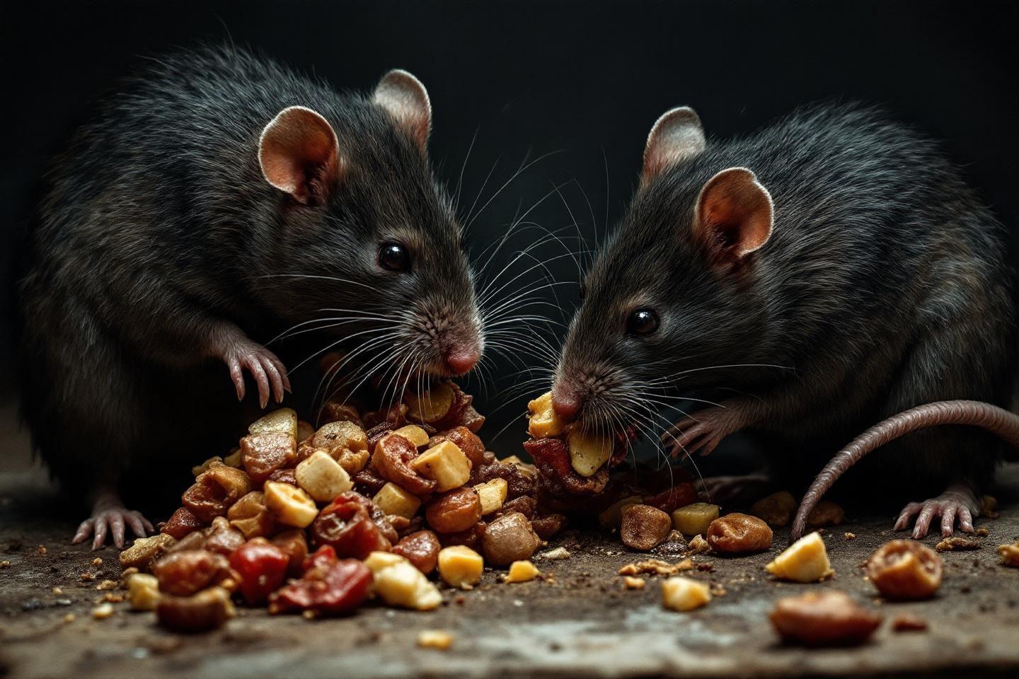 Rats noirs grignotant un tas de graines colorées