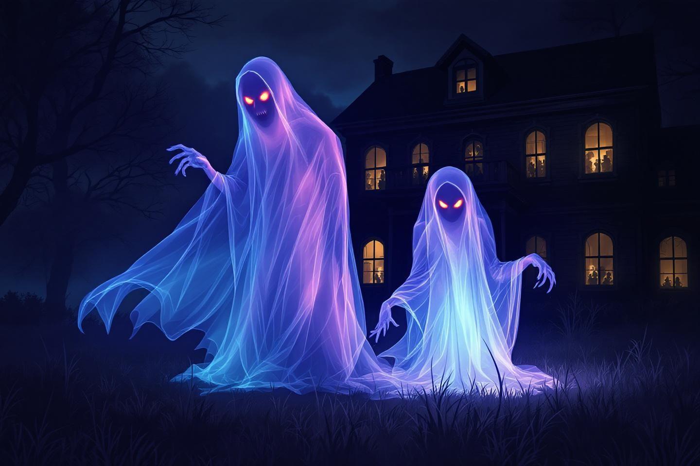 Deux spectres bleus et violets avec des yeux rouges dans la nuit