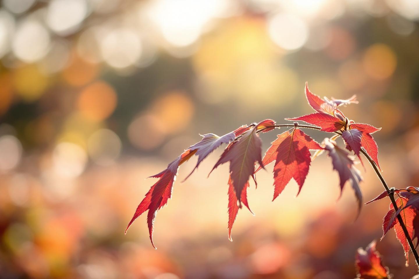 Feuilles rouges et orangées de l'érable au soleil couchant