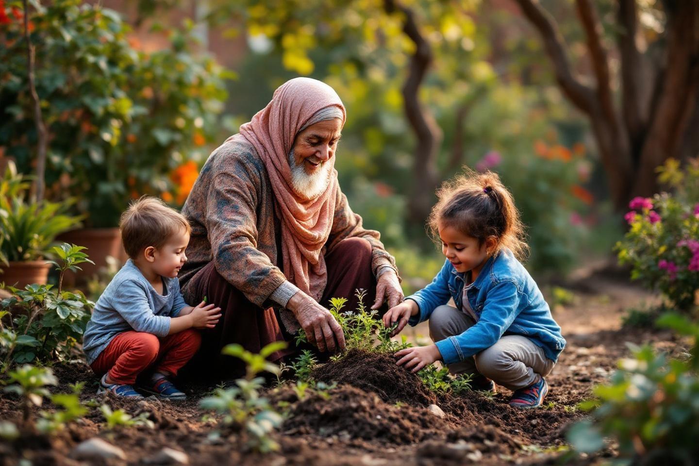 Aîné souriant plantant avec deux jeunes enfants dans un jardin