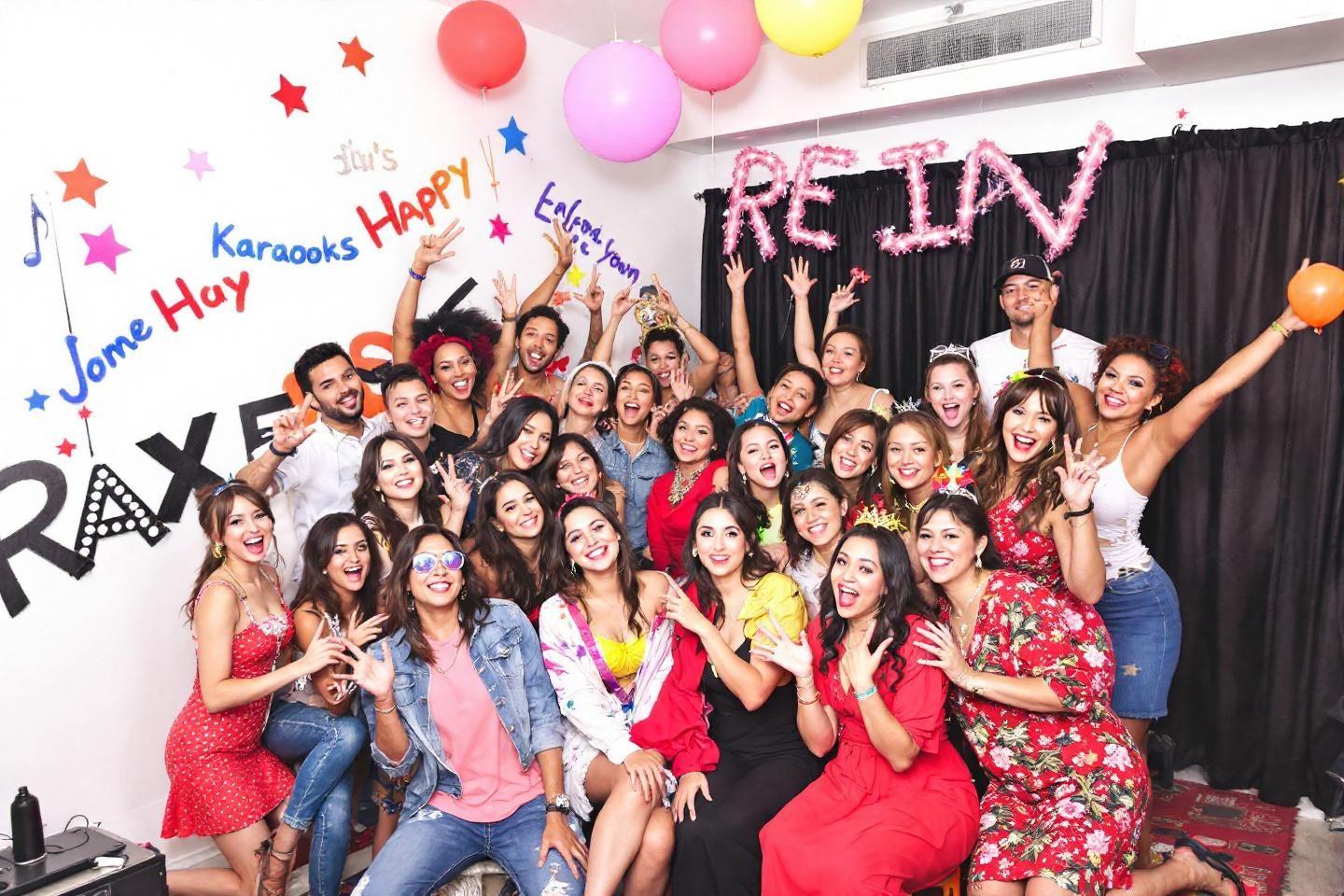 Nombreux jeunes adultes joyeux posant ensemble lors d'une fête