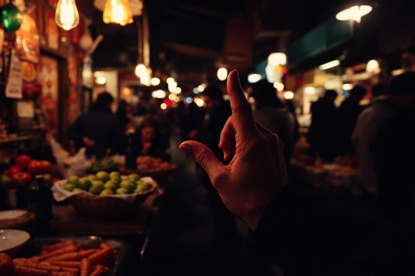Main au premier plan, étalages de fruits et lumières tamisées