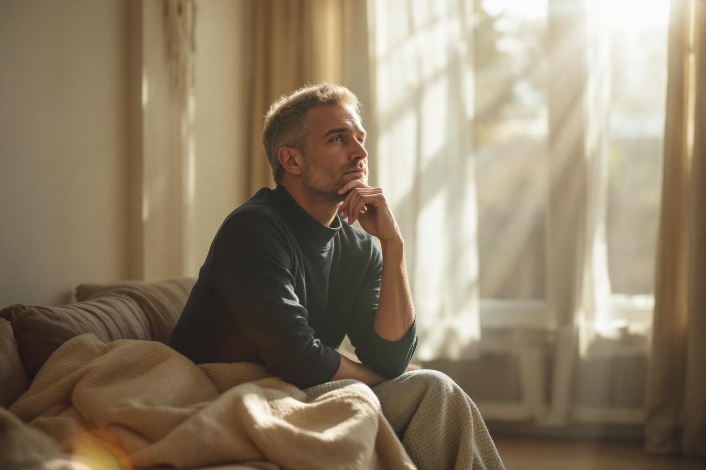 Homme pensif assis sur un canapé près de la fenêtre