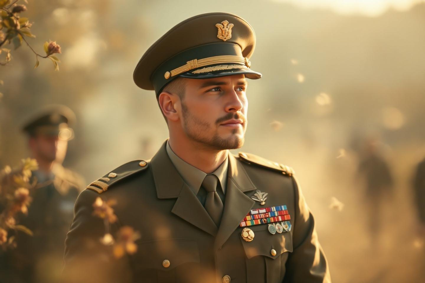 Officier en uniforme avec médailles, regard déterminé