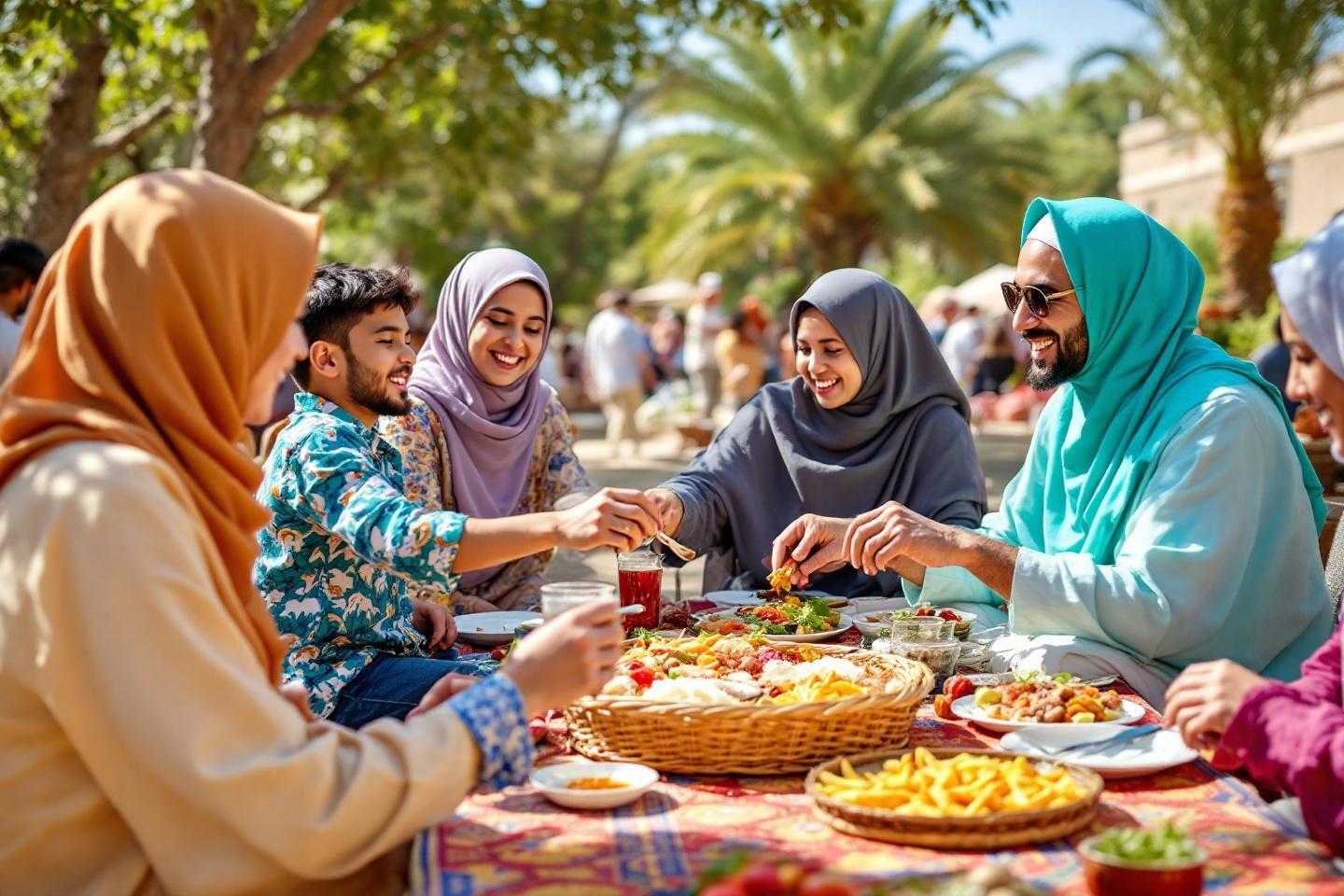 Groupe musulman partageant un repas chaleureux en plein air