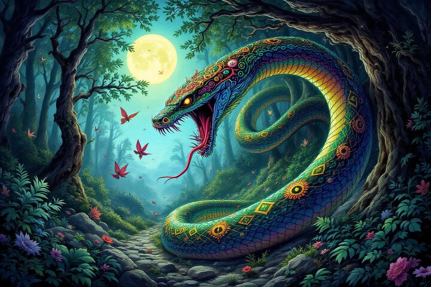Serpent fantastique coloré dans une forêt sombre avec lune